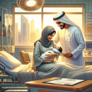 این تصویر نمایی از فرایند اخذ تابعیت و اقامت امارات از طریق تولد فرزند را نشان می‌دهد